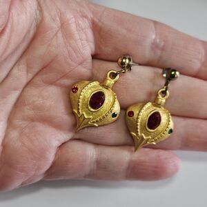 **Sale** Holiday Vintage Dangle Earrings by Dale Gold Plate Emerald Ruby Rhine